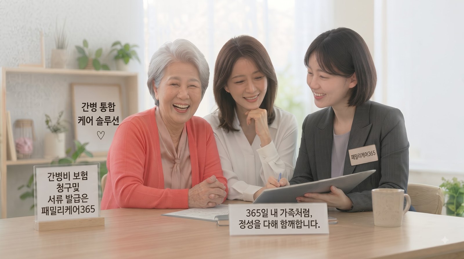 어르신과 보호자가 패밀리케어365 상담사와 웃으며 상담하는 모습